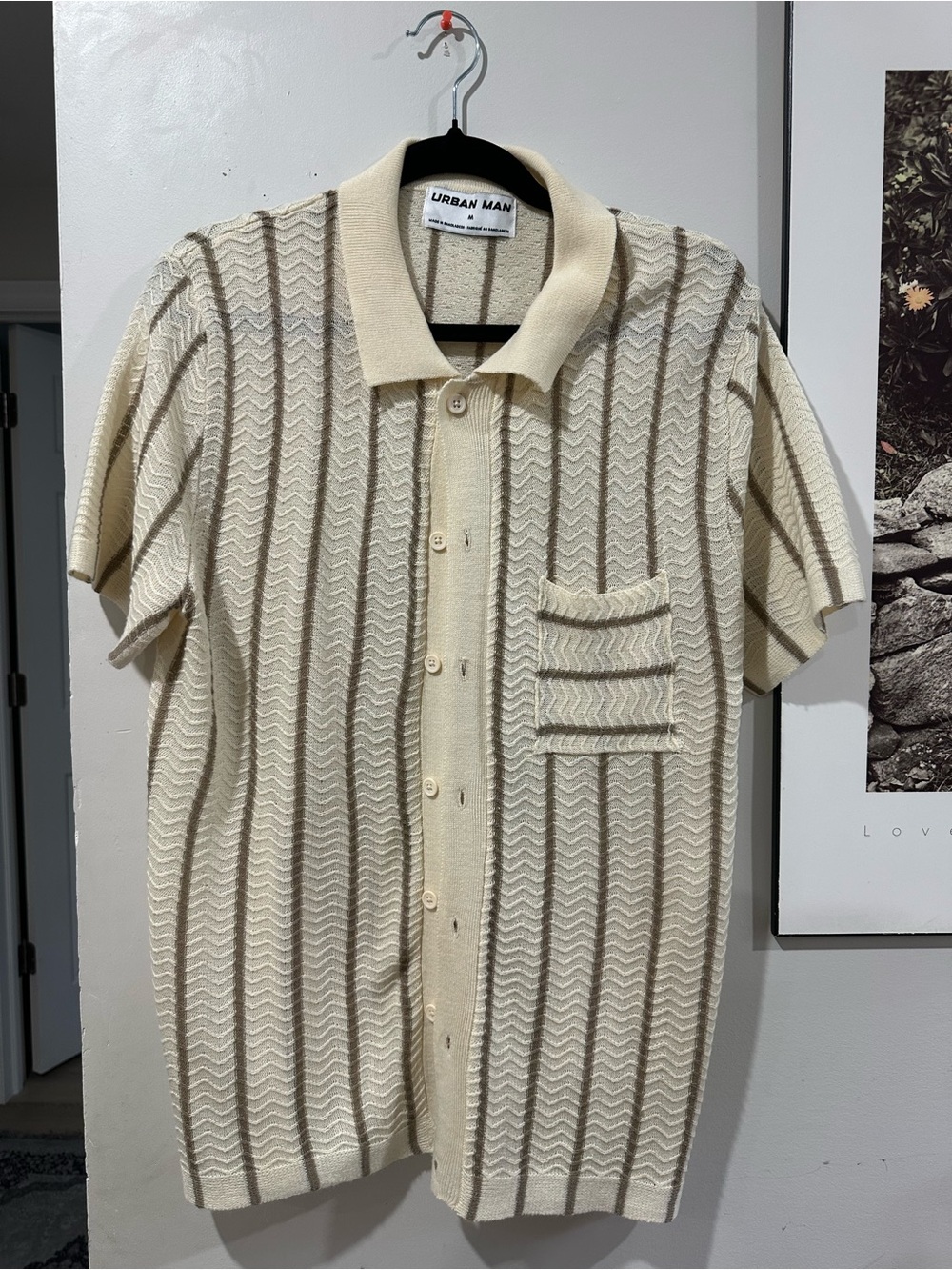 Urban Outfitters Cream and Brown Short-Sleeve Knit Button-Up Shirt